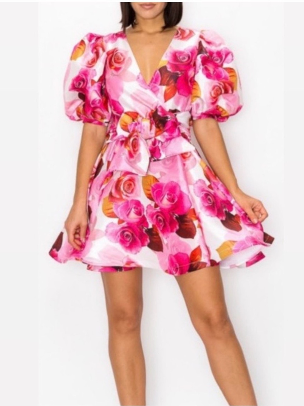 Floral Pink Puff-Sleeve Fit & Flare Dress